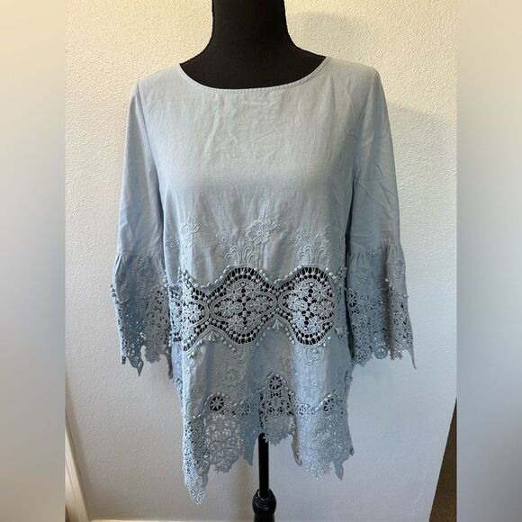 Anthropologie TYLHO Elodie Embroidered Lace Tunic Blouse Blue Size S - Picture 4 of 12